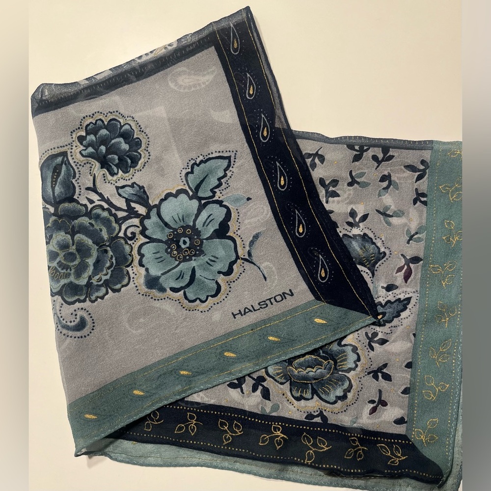 HALSTON Silk Vintage Neck Scarf - Gorgeous Blues 100% Silk Floral & Paisley
